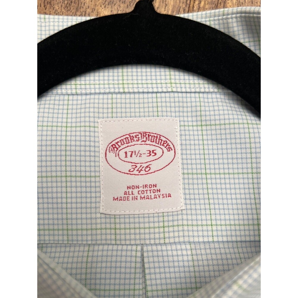 Brooks Brothers 346 Men's 17.5-35 White Green Blue Plaid Non-Iron French Cuff Sh